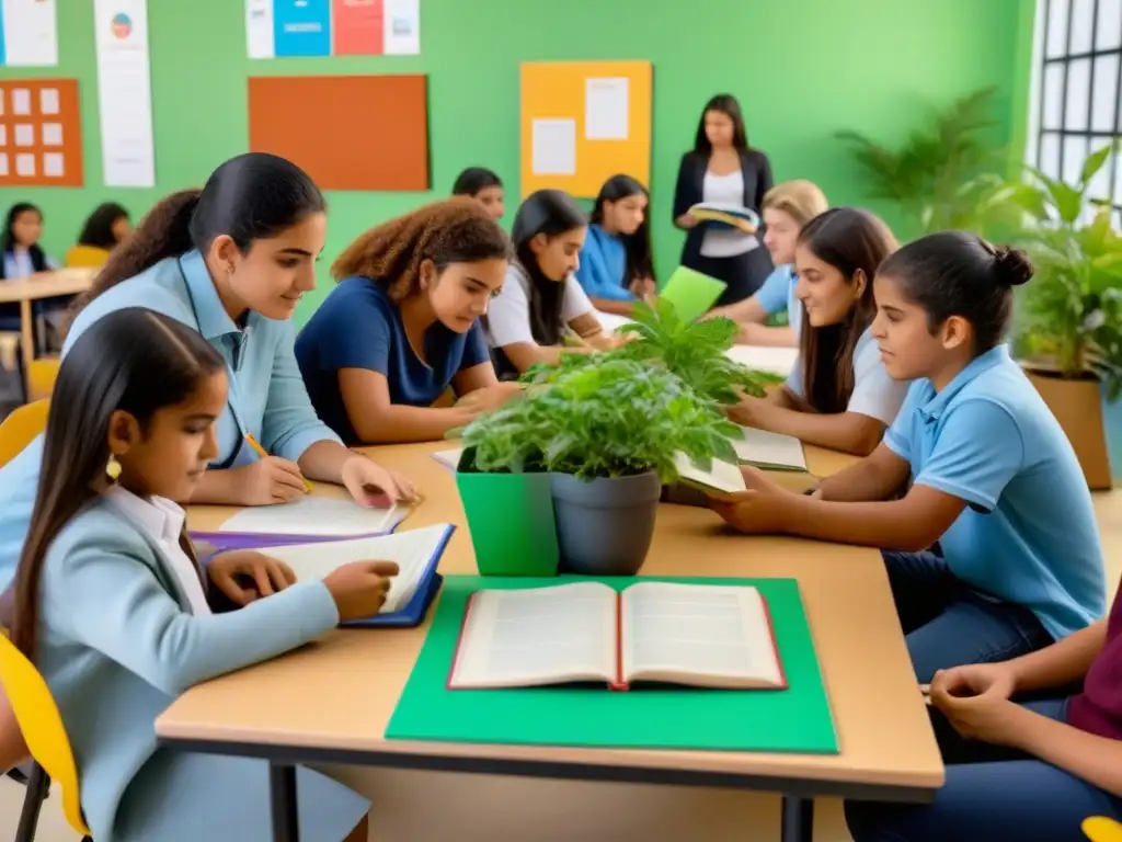 Un grupo diverso de estudiantes uruguayos colabora en un aula moderna, reflejando la Reforma Educativa 1995 Uruguay objetivos