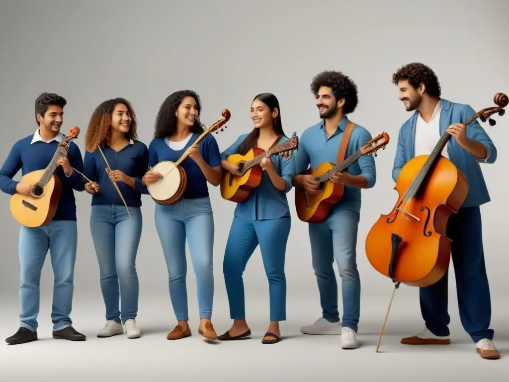 Grupo diverso de estudiantes uruguayos creando arte en variedad de formas, destacando la diversidad cultural en educación artística