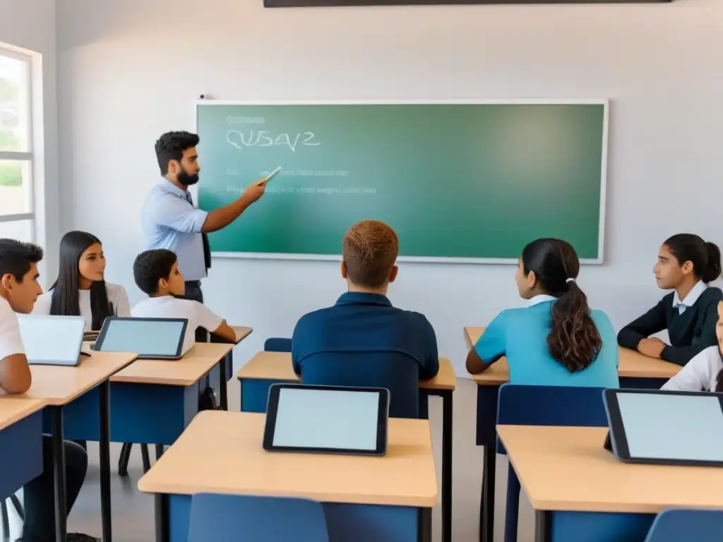 Grupo diverso de estudiantes uruguayos inmersos en tecnologías educativas avanzadas, reflejando el impacto en la sociedad