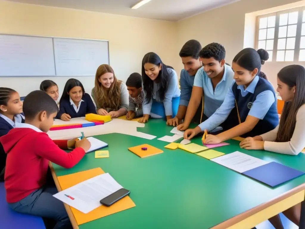 Grupo diverso de estudiantes uruguayos en aula, colaborando en aprendizaje basado en proyectos