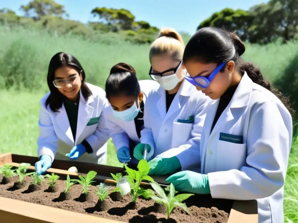 Grupo diverso de estudiantes uruguayos realizando experimento ambiental al aire libre, fomentando la educación ambiental y sostenibilidad en Uruguay