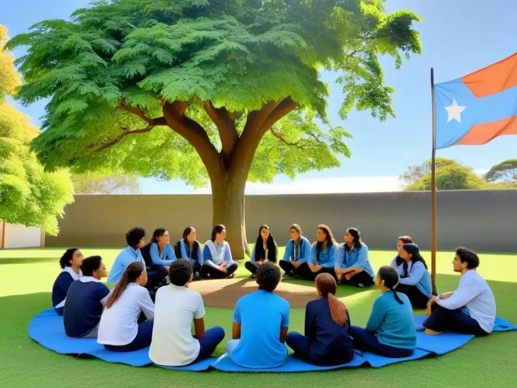 Grupo diverso de estudiantes uruguayos en círculo de discusión bajo árbol verde, promoviendo formación ciudadanos globales Uruguay