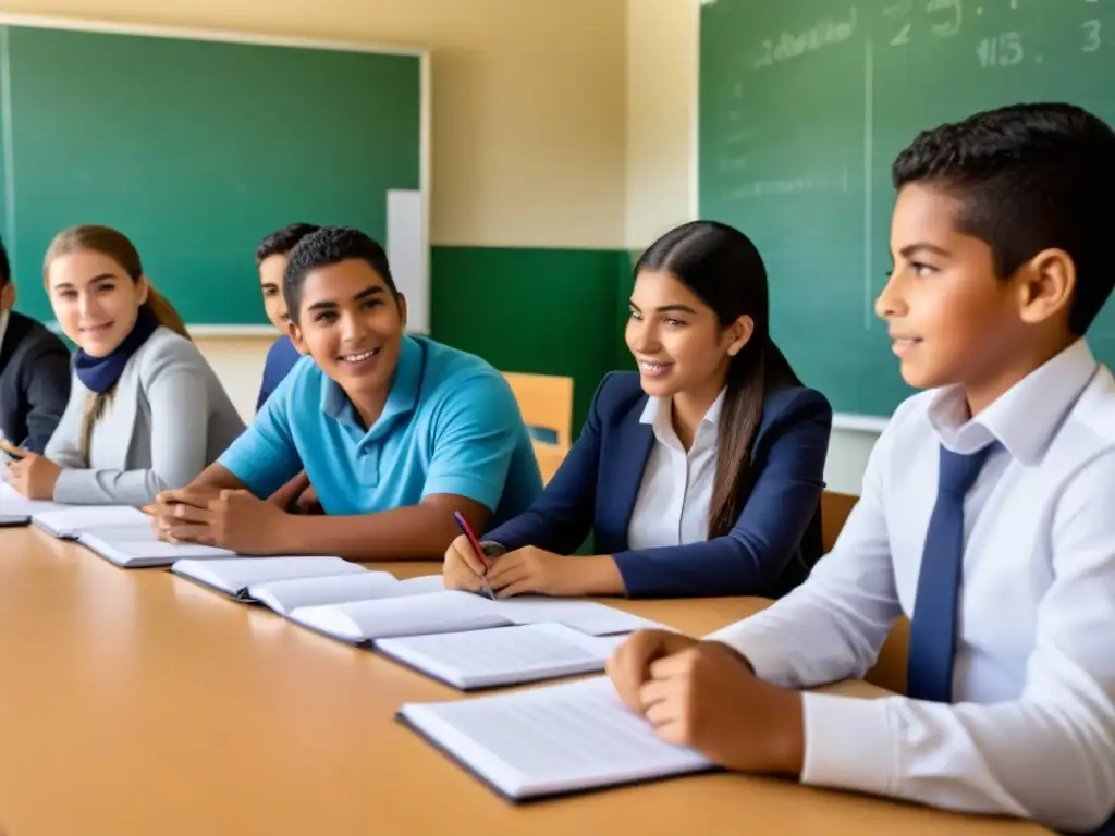 Grupo diverso de estudiantes uruguayos inmersos en una dinámica discusión, reflejando el impacto positivo de las reformas educativas en Uruguay