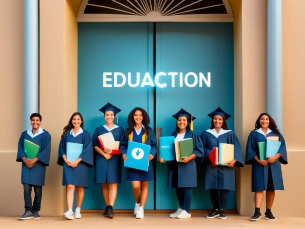 Grupo diverso de estudiantes uruguayos frente a la puerta de 'Educación Superior', sonriendo y sosteniendo símbolos educativos