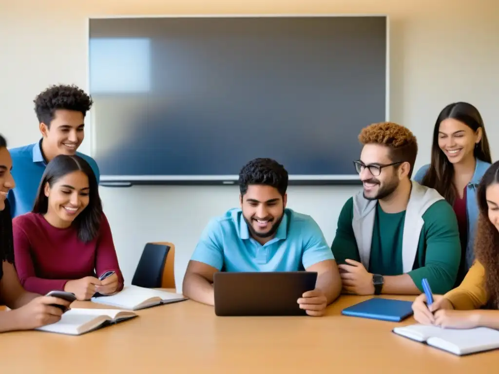 Grupo diverso de estudiantes uruguayos con dispositivos digitales, aprendiendo juntos en línea