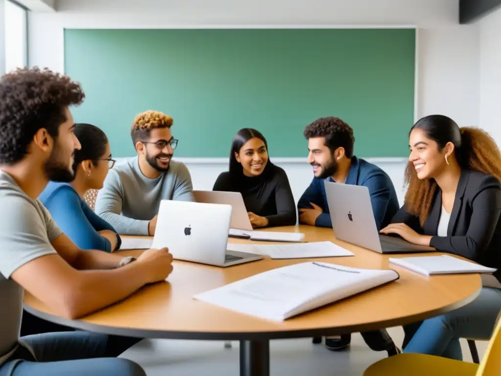 Grupo diverso de estudiantes uruguayos debaten en aula moderna, reflejando colaboración y excelencia académica