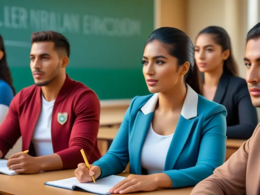 Grupo diverso de estudiantes uruguayos participando activamente en intercambio lingüístico, reflejando beneficios educación bilingüe en Uruguay