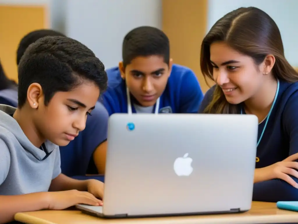 Grupo diverso de estudiantes uruguayos concentrados en programación educativa con Scratch, reflejando determinación y trabajo en equipo