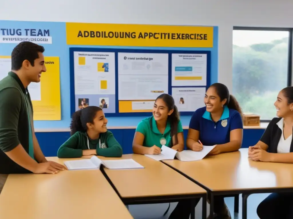 Grupo diverso de estudiantes uruguayos preparándose para el mundo real en un aula moderna con actividades educativas