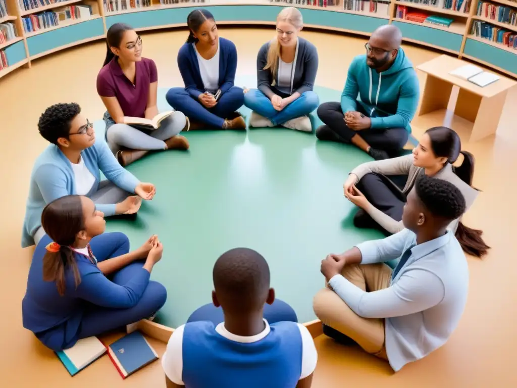 Grupo diverso de estudiantes uruguayos en círculo, concentrados y determinados, rodeados de libros y materiales educativos