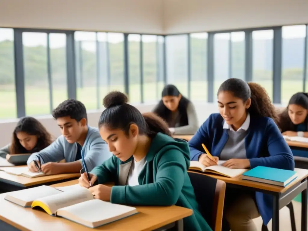 Grupo diverso de estudiantes uruguayos concentrados en estudio en aula moderna