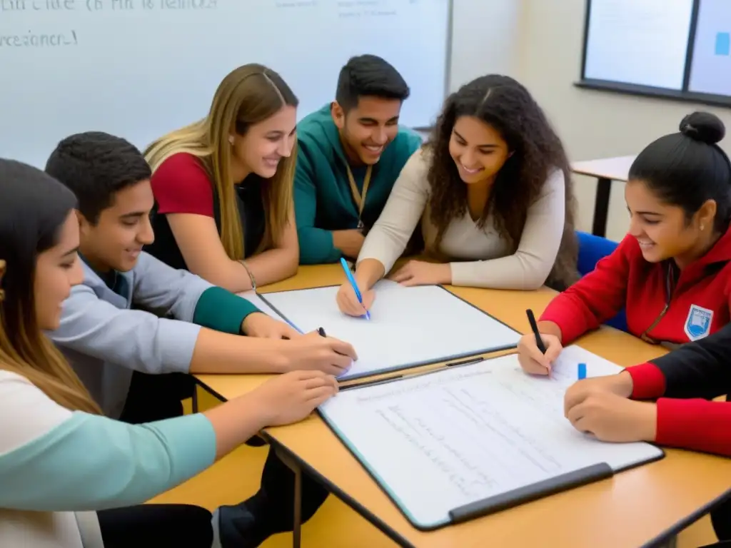 Un grupo diverso de estudiantes uruguayos trabajando juntos en un proyecto educativo, mostrando resiliencia y colaboración