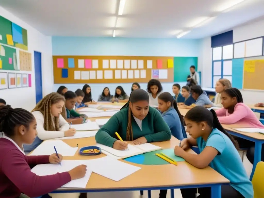 Grupo diverso de estudiantes uruguayos en aula colaborativa, fomentando creatividad y pensamiento crítico