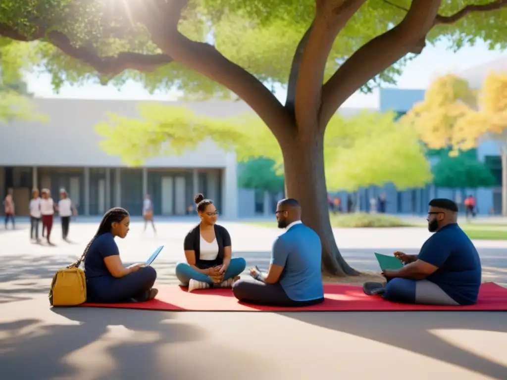 Un grupo diverso de estudiantes se prepara para la vida post escolar en un ambiente inclusivo y armonioso bajo un árbol en el patio escolar