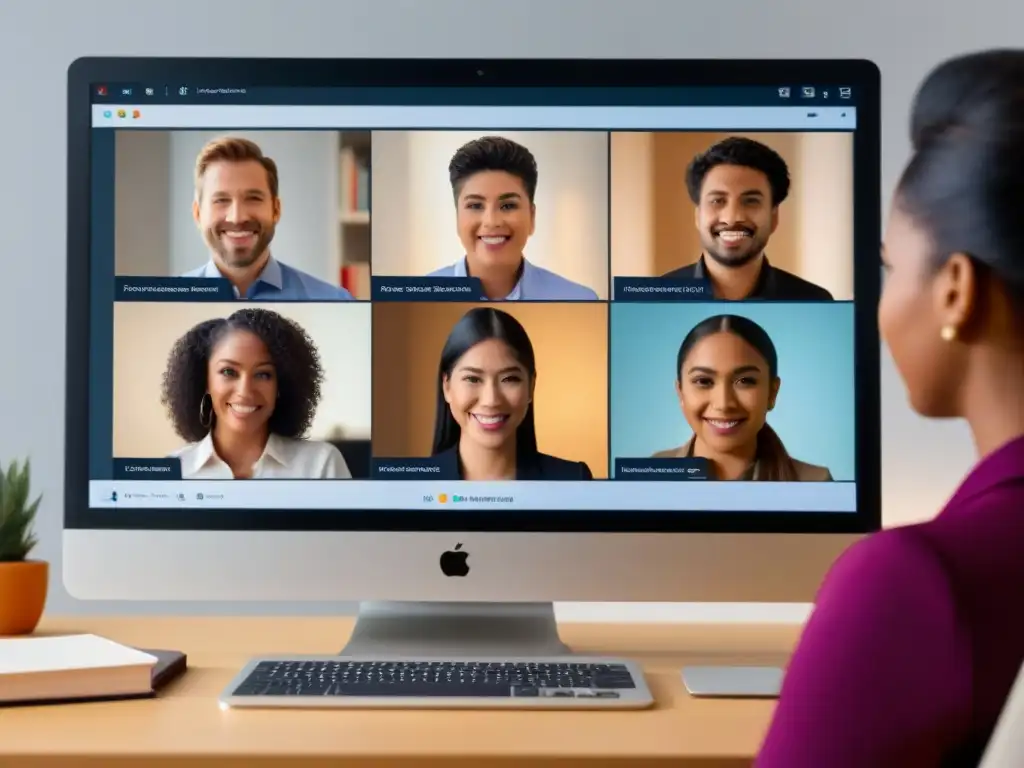 Grupo diverso de estudiantes virtuales concentrados en su curso en línea, reflejando inclusividad y diversidad en educación virtual