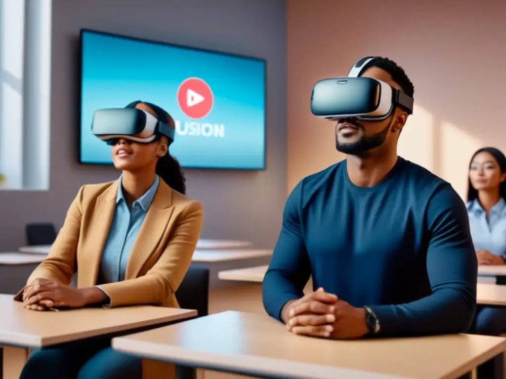 Estudiantes en realidad virtual: diversidad y aprendizaje futurista Grupo diverso de estudiantes usando visores de realidad virtual en aula futurista