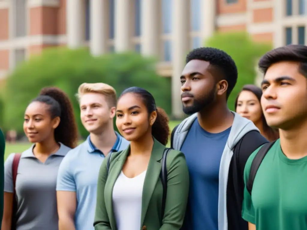 Unidos por la educación: estudiantes diversos frente a la universidad Grupo diverso de estudiantes unidos frente a universidad, expresando solidaridad y determinación