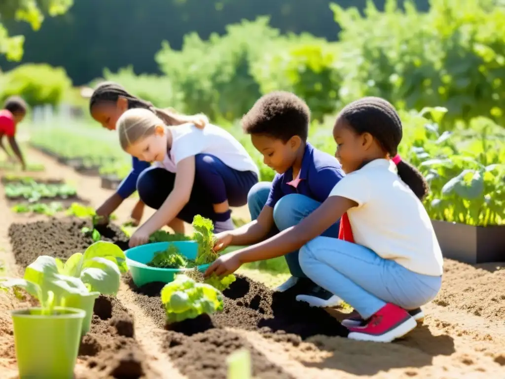 Un grupo diverso de niños planta frutas y verduras coloridas en un jardín escolar, bajo el sol brillante