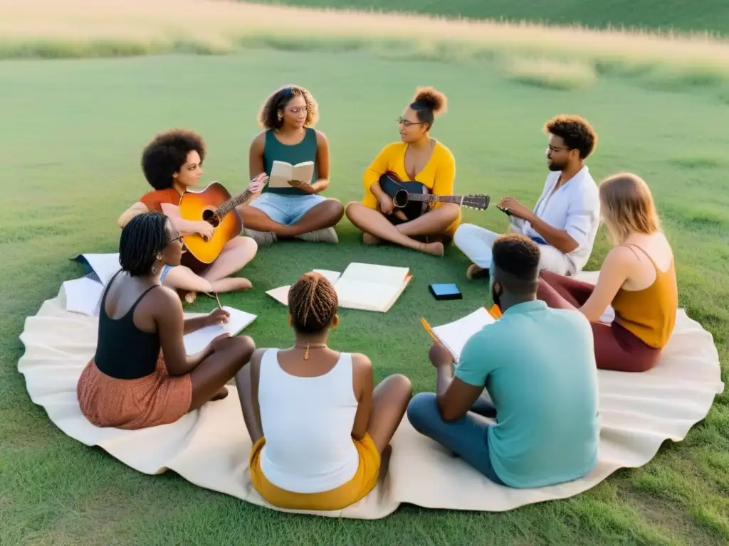 Un grupo diverso de jóvenes artistas en un círculo en un campo, cada uno concentrado en su arte, rodeados de una serena puesta de sol