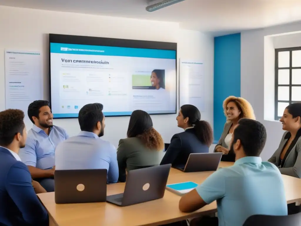 Grupo diverso de jóvenes emprendedores en Uruguay, aprendiendo en un aula inspiradora