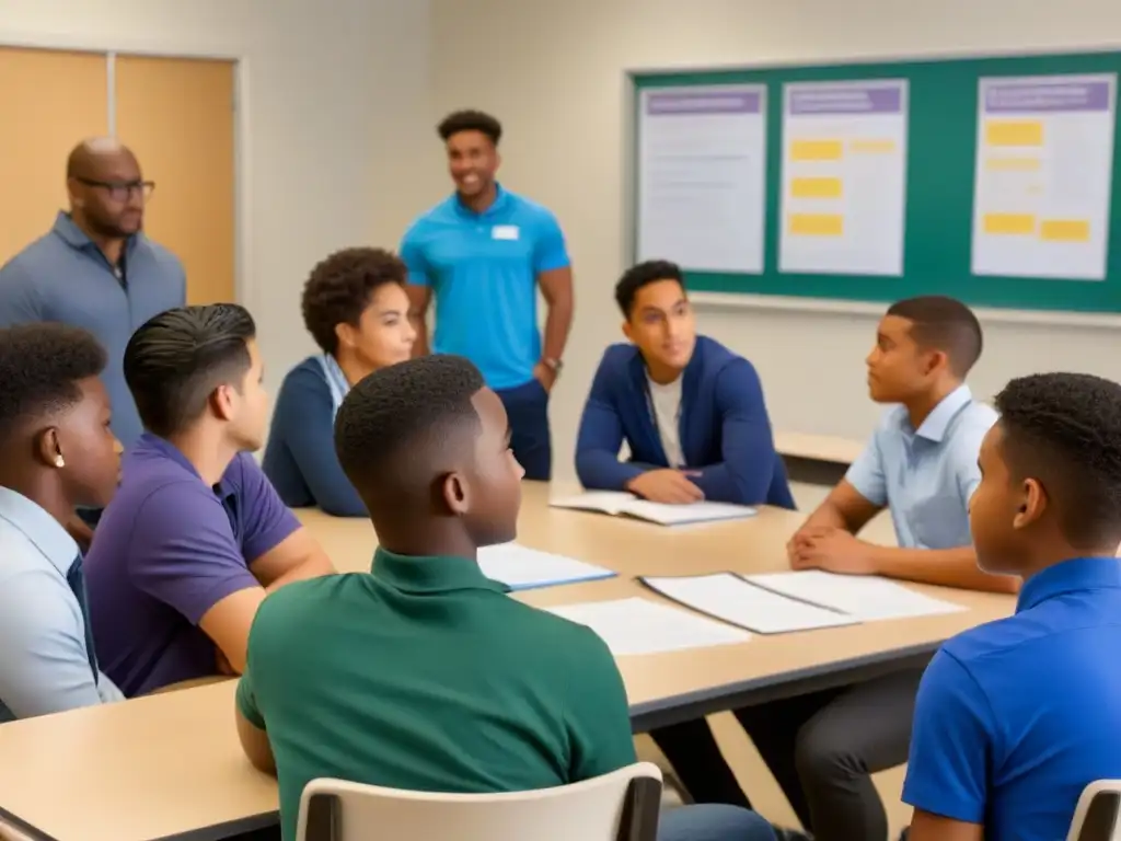 Grupo diverso de jóvenes estudiantes en un círculo de discusión sobre masculinidades positivas en el aula moderna de Uruguay