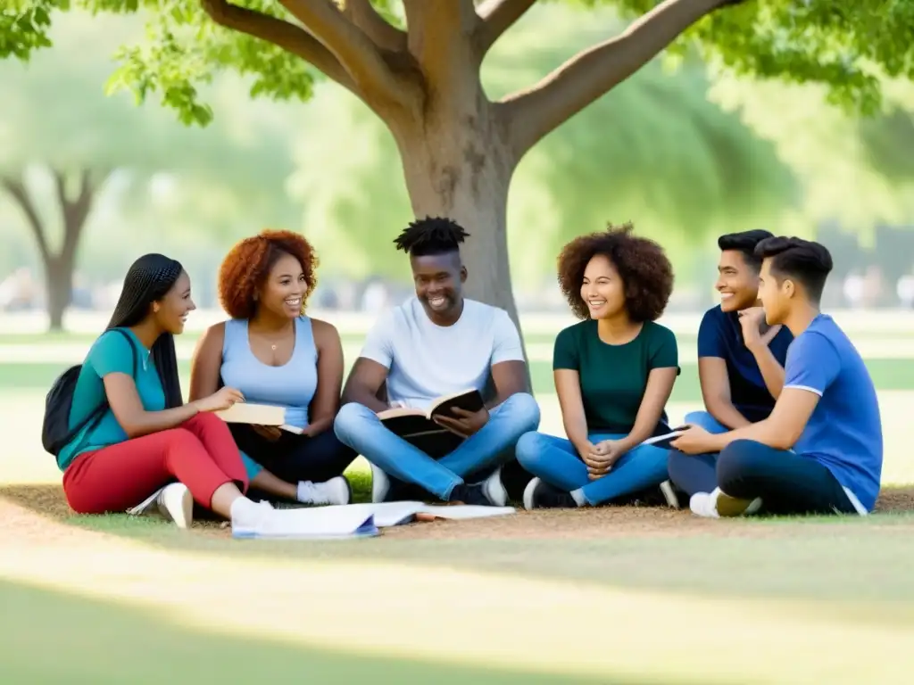 Jóvenes estudiantes debatiendo finanzas bajo un árbol Grupo diverso de jóvenes estudiantes debatiendo sobre educación financiera bajo un árbol en un parque, en Uruguay