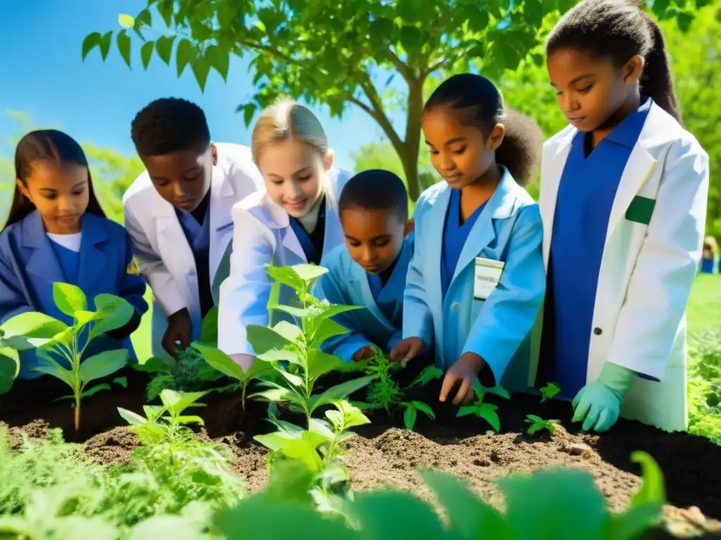 Un grupo diverso de jóvenes estudiantes en Uruguay, plantando árboles en un jardín escolar, reflejando la educación sostenible en Uruguay