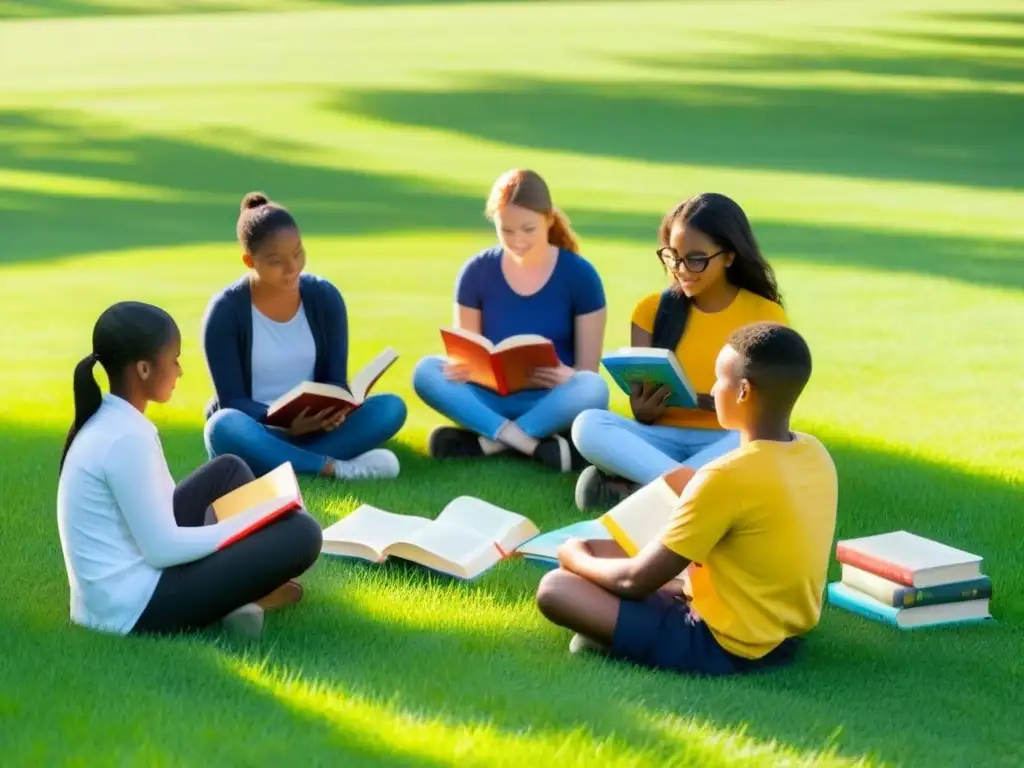 Un grupo diverso de jóvenes estudiantes leyendo libros en un campo, bajo el sol, en el marco del Plan Nacional de Lectura Uruguay