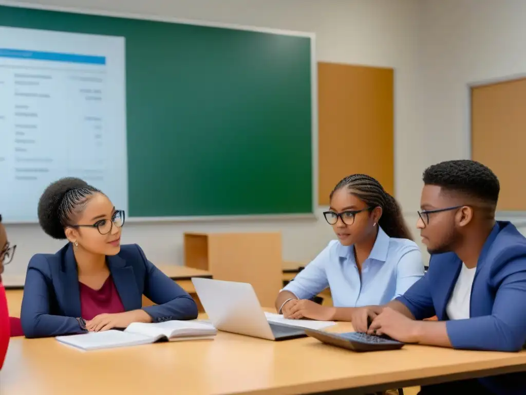 Un grupo diverso de jóvenes estudiantes en un taller de educación financiera, concentrados y determinados