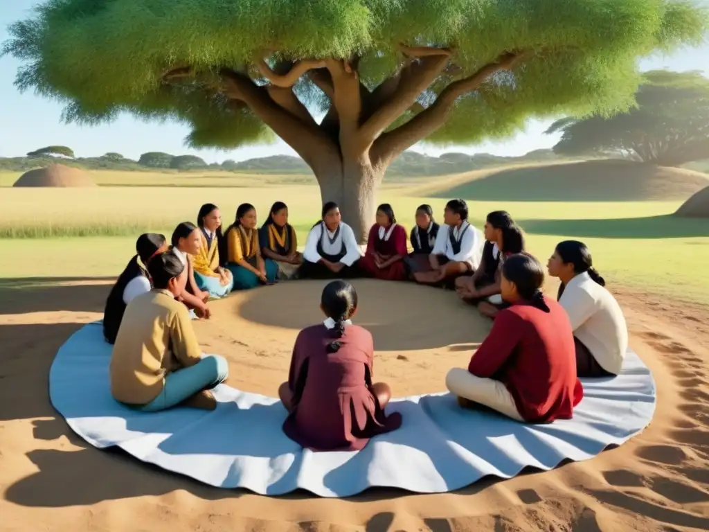 Un grupo diverso de jóvenes indígenas en educación secundaria, combinando herramientas educativas modernas y tradicionales bajo un árbol