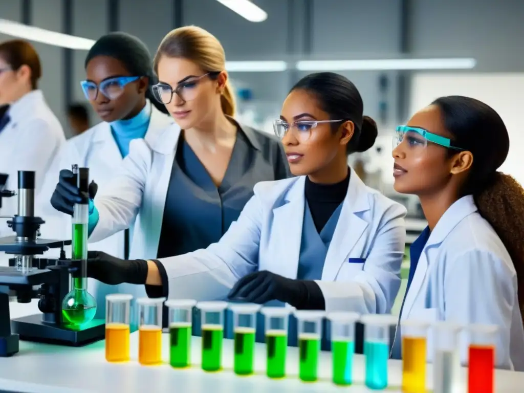 Un grupo diverso de jóvenes mujeres en batas de laboratorio y gafas de seguridad trabajando juntas en un laboratorio de ciencia moderno en Uruguay, con equipos y tecnología avanzada