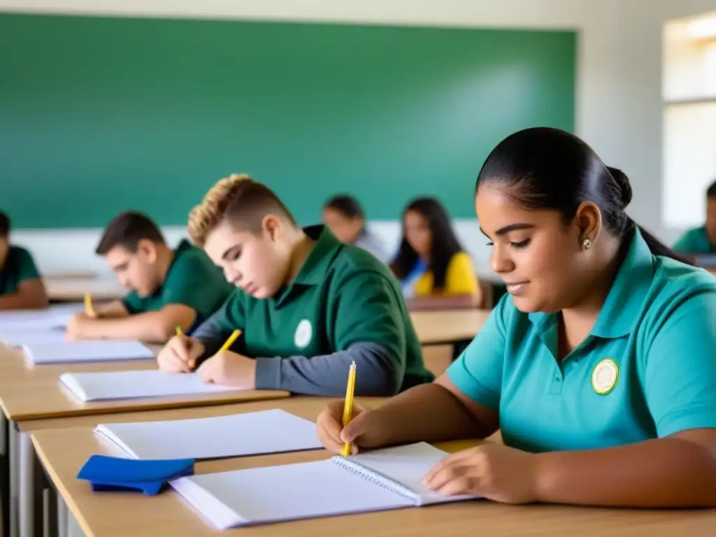 Grupo diverso de jóvenes con necesidades especiales en Uruguay preparándose para el futuro en un aula moderna y luminosa