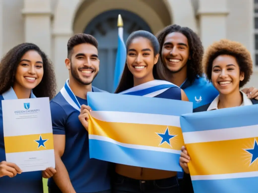 Grupo diverso de jóvenes sonrientes con certificados de beca, bandera de Uruguay