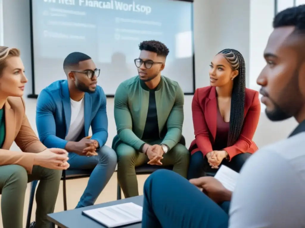 Un grupo diverso de jóvenes se reúne en un taller de educación financiera en Uruguay, colaborando y empoderándose juntos en un aula moderna y luminosa