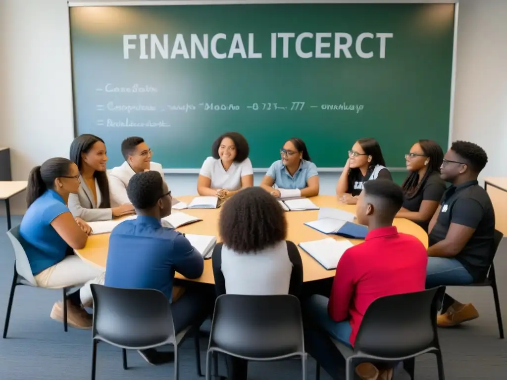 Grupo diverso de jóvenes en taller de educación financiera, discutiendo conceptos de presupuesto e inversión en aula con pizarrón y libros abiertos