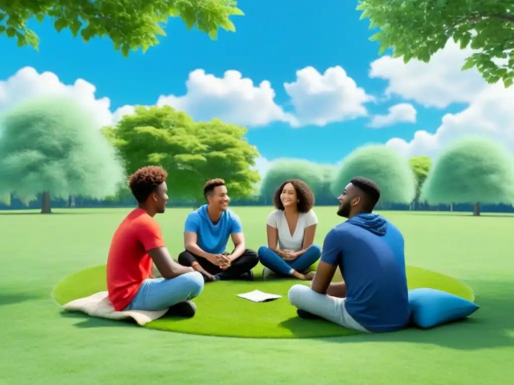 Jóvenes colaborando: estrategias financieras en el parque Un grupo diverso de jóvenes uruguayos en un parque discutiendo educación financiera, rodeados de naturaleza y cielo azul
