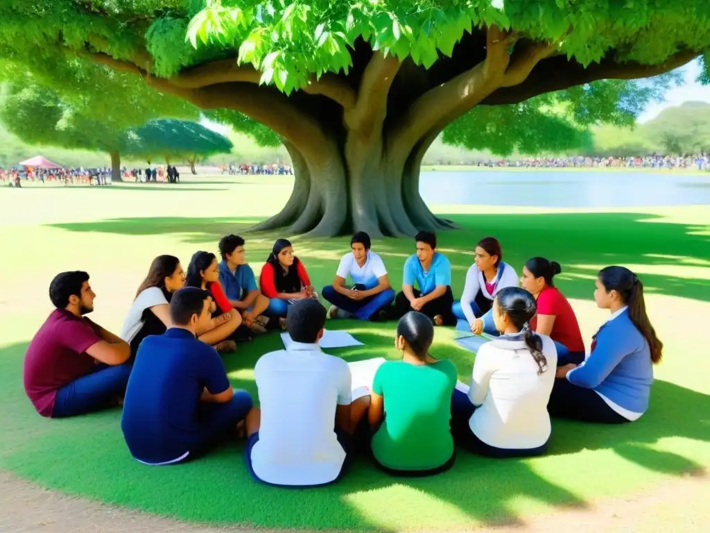 Jóvenes uruguayos en taller de educación financiera bajo un árbol frondoso Grupo diverso de jóvenes uruguayos en taller de educación financiera bajo un árbol, en parque