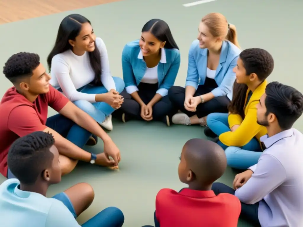 Grupo diverso de jóvenes uruguayos en círculo, discutiendo educación financiera con expresiones de concentración y curiosidad