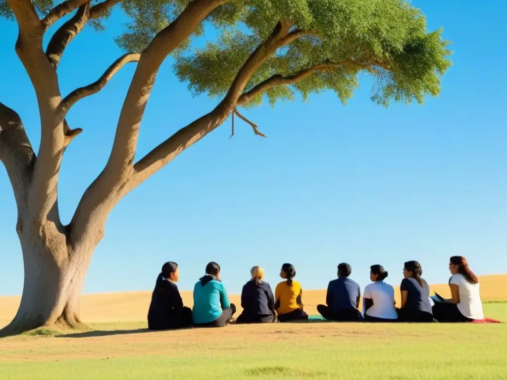 Un grupo diverso de maestros participa en una capacitación bajo un árbol en escuela rural en Uruguay