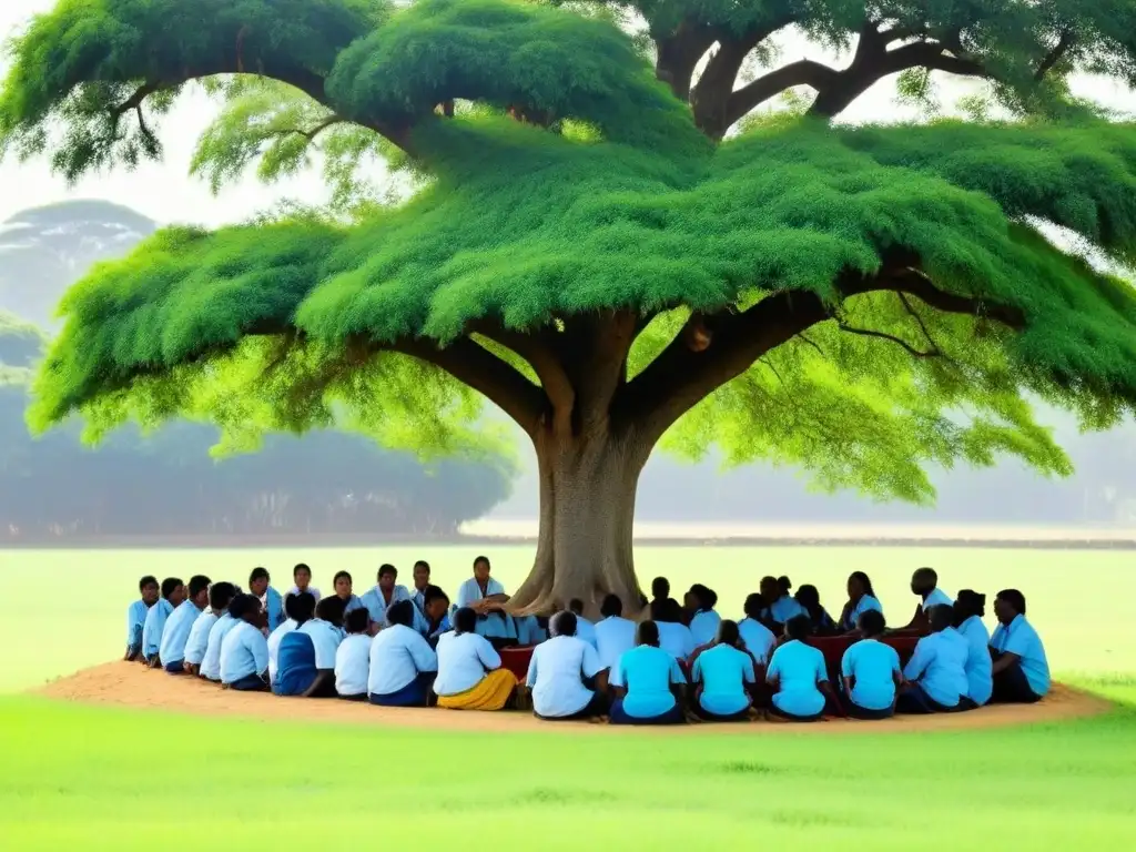 Un grupo diverso de maestros participa en un programa de capacitación bajo un árbol en una escuela rural