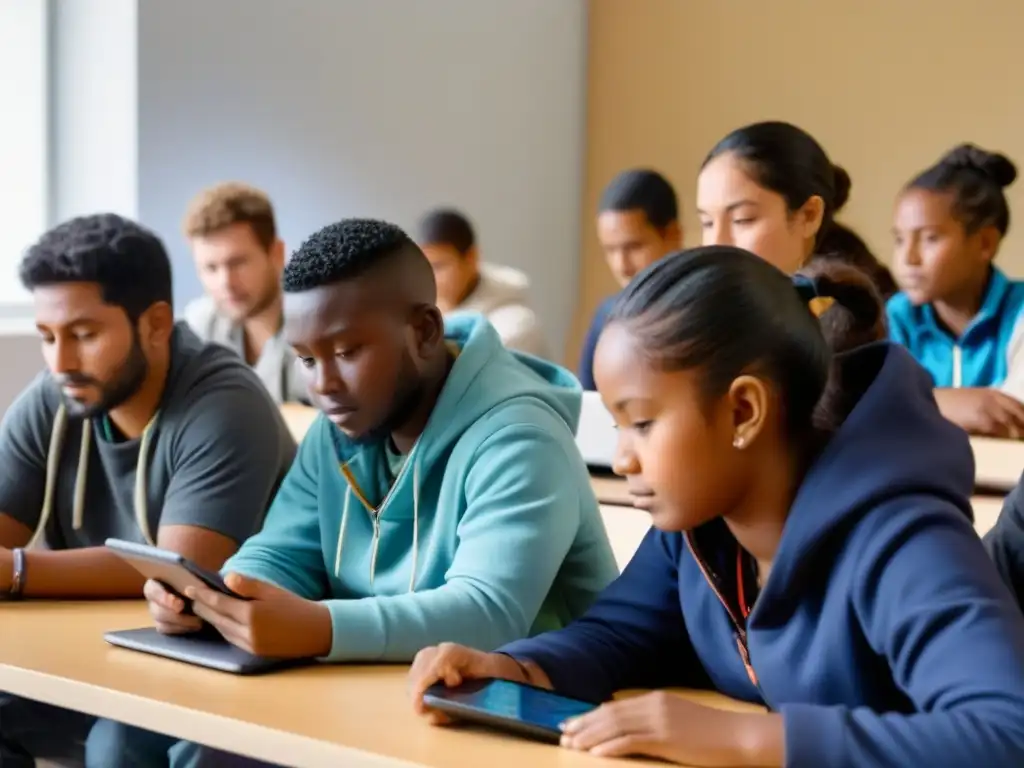 Un grupo diverso de migrantes usando herramientas digitales para aprendizaje en aula moderna y luminosa