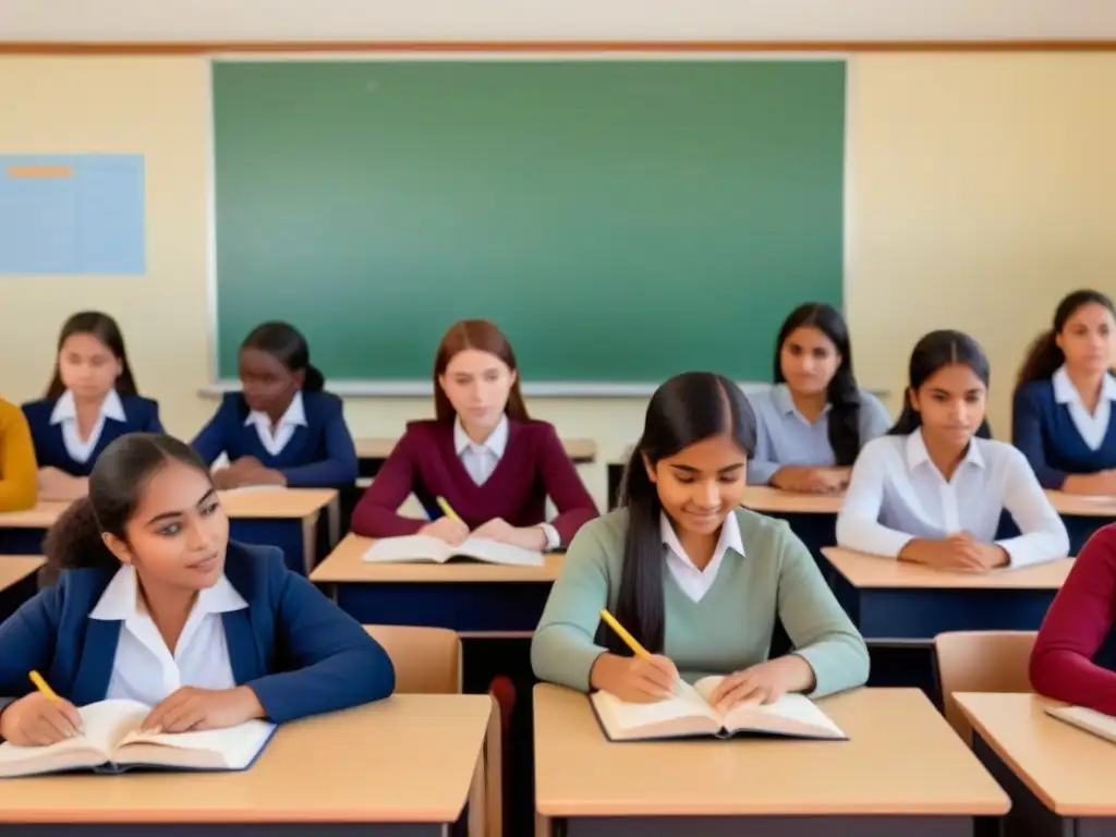 Un grupo diverso de mujeres en educación uruguaya, unidas en el aprendizaje con expresiones atentas y materiales educativos en el aula