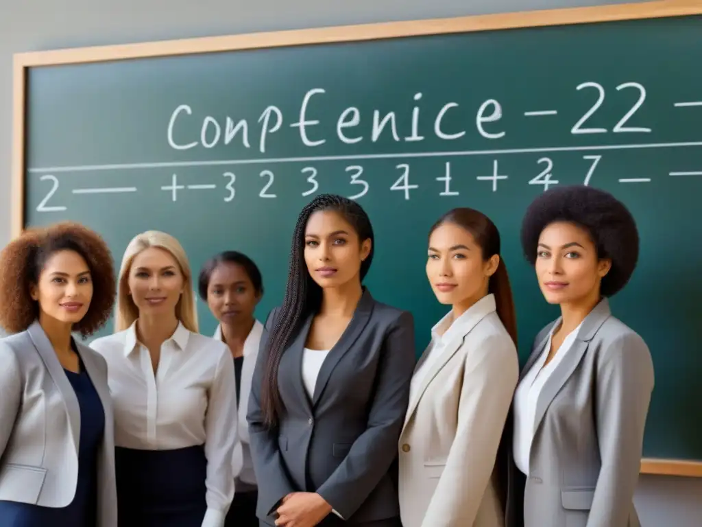 Un grupo diverso de mujeres resolviendo ecuaciones matemáticas en pizarra