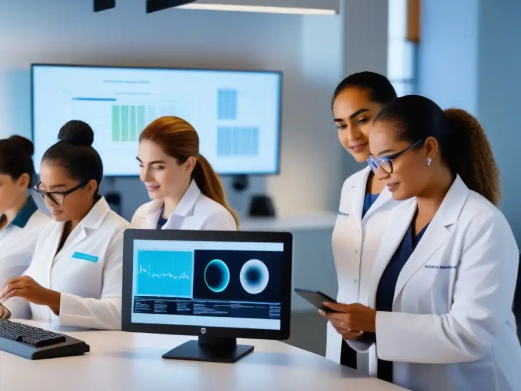 Mujeres diversas liderando en STEM en Uruguay Un grupo diverso de mujeres de diferentes edades y etnias trabajan juntas en un laboratorio STEM moderno en Uruguay
