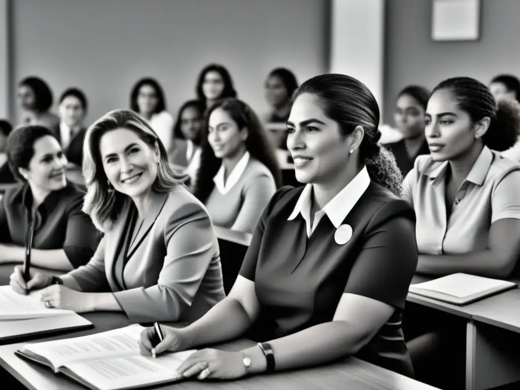 Un grupo diverso de mujeres educadoras empoderadas enseñando en un aula en Uruguay