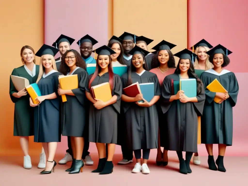 Un grupo diverso de mujeres en educación uruguaya celebrando la graduación, unidas y empoderadas