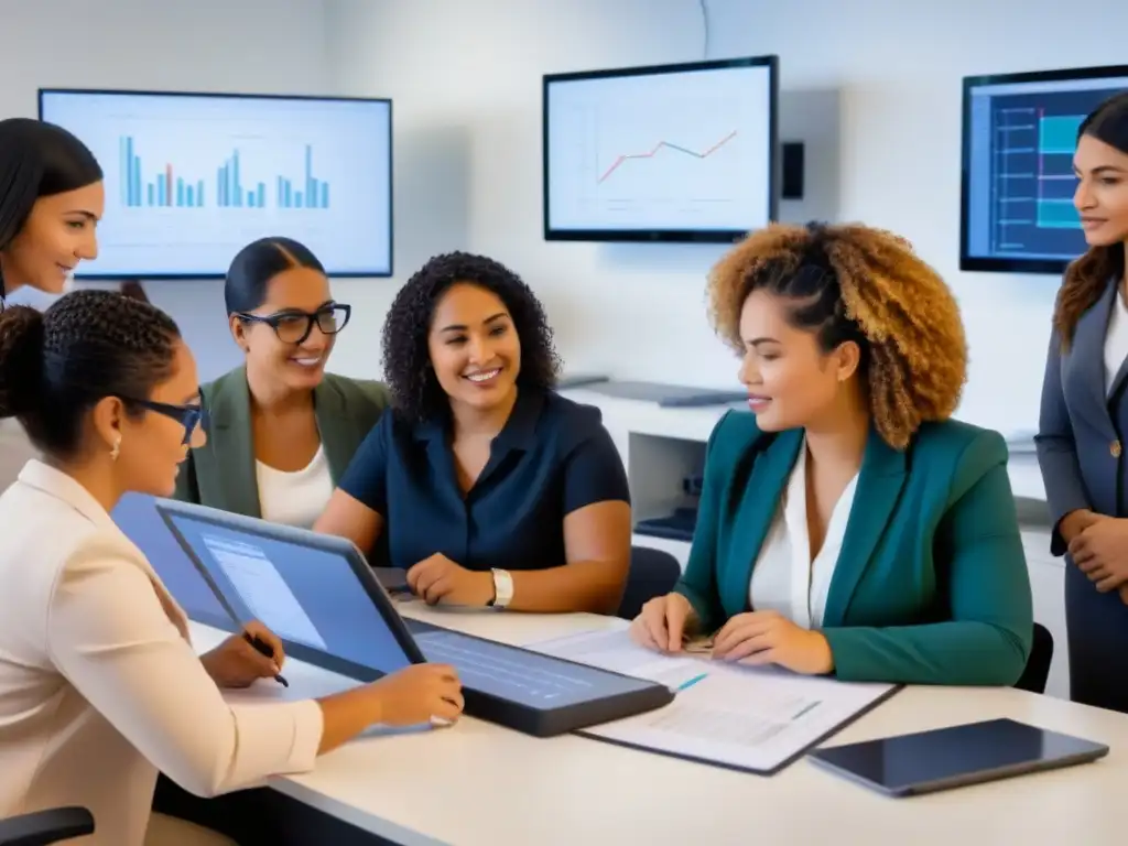 Un grupo diverso de mujeres trabajando juntas en un moderno laboratorio STEM en Uruguay, mostrando inclusividad y colaboración