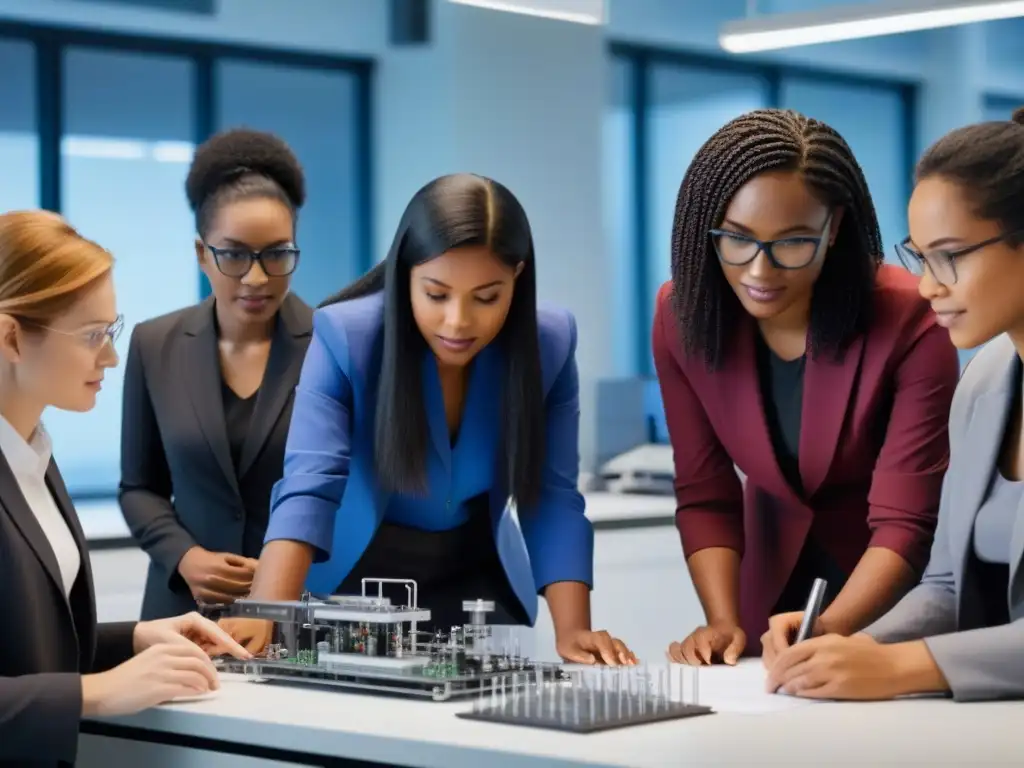 Un grupo diverso de mujeres en STEM colabora en un laboratorio universitario moderno, mostrando empoderamiento y progreso