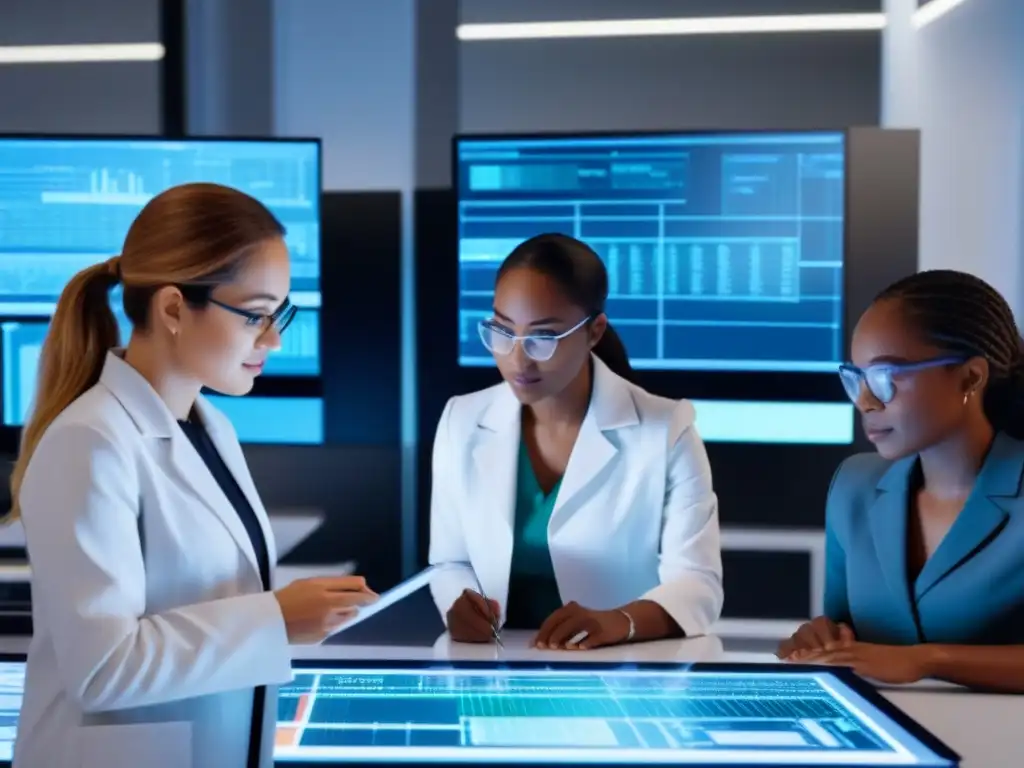 Un grupo diverso de mujeres en STEM en Uruguay colaborando en un laboratorio moderno, mostrando determinación y trabajo en equipo