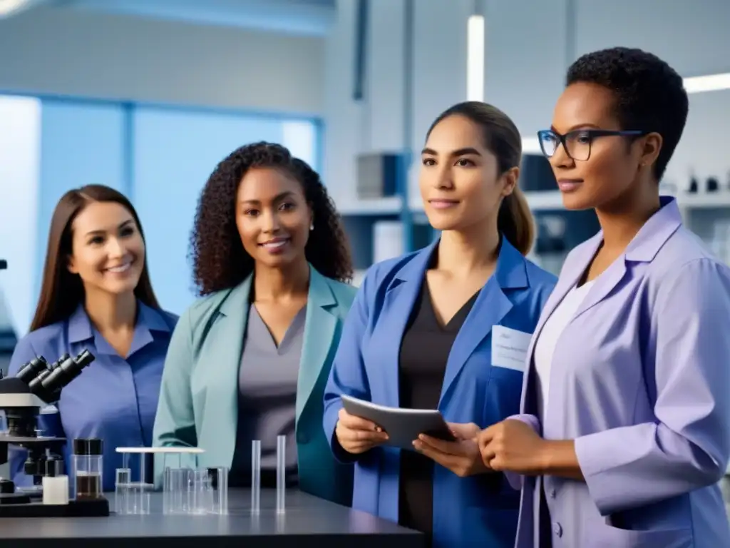 Mujeres STEM: Innovación y Empoderamiento Un grupo diverso de mujeres en STEM en Uruguay colaborando en un laboratorio moderno, mostrando innovación y empoderamiento